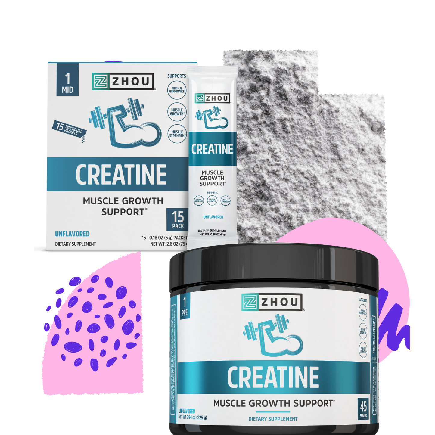 Zhou Nutrition Creatine Stick Pack + Tub Bundle: creatine powder for muscle power, with vibrant abstract shapes behind.