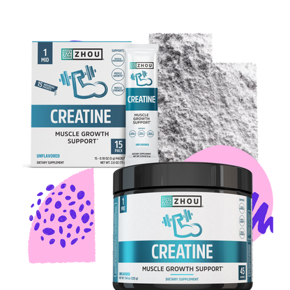 Zhou Nutrition Creatine Stick Pack + Tub Bundle: creatine powder for muscle power, with vibrant abstract shapes behind.