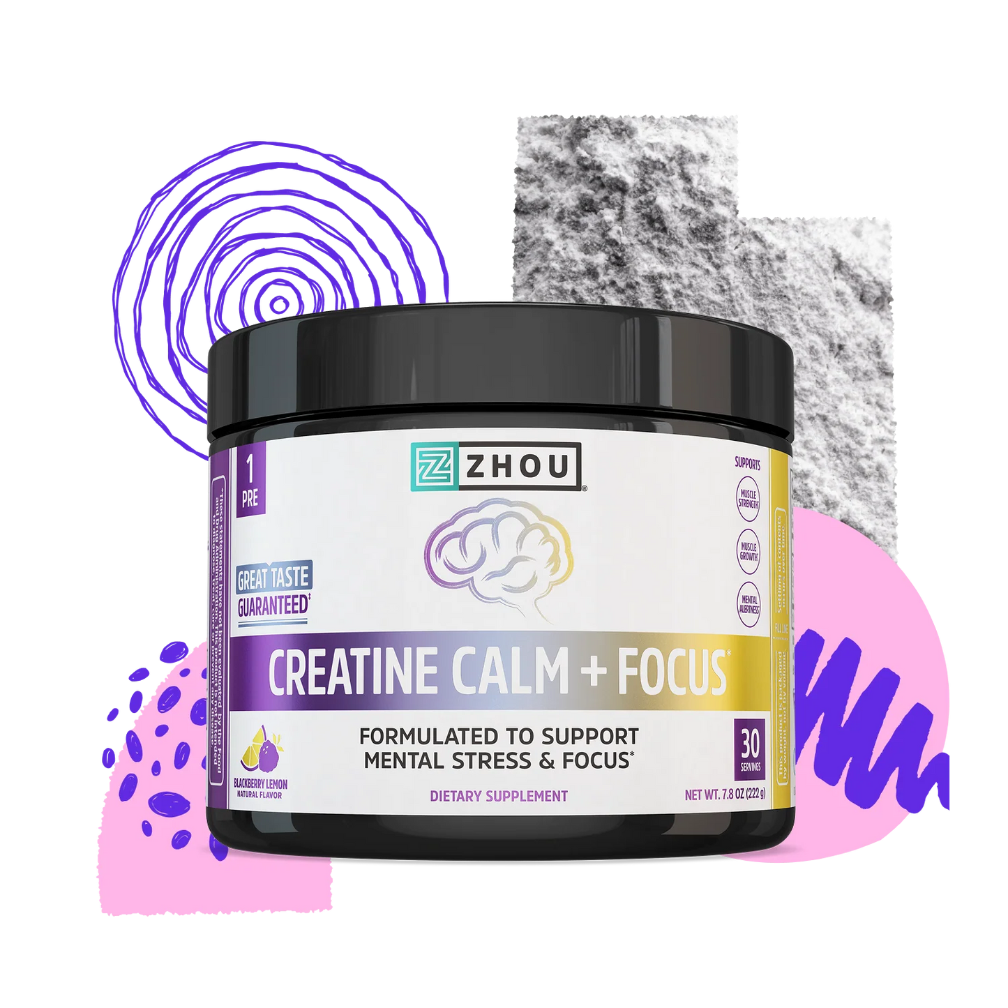 A Zhou Nutrition Creatine Calm + Focus Stick Pack + Tub Bundle with abstract shapes and mental stress support vibes.