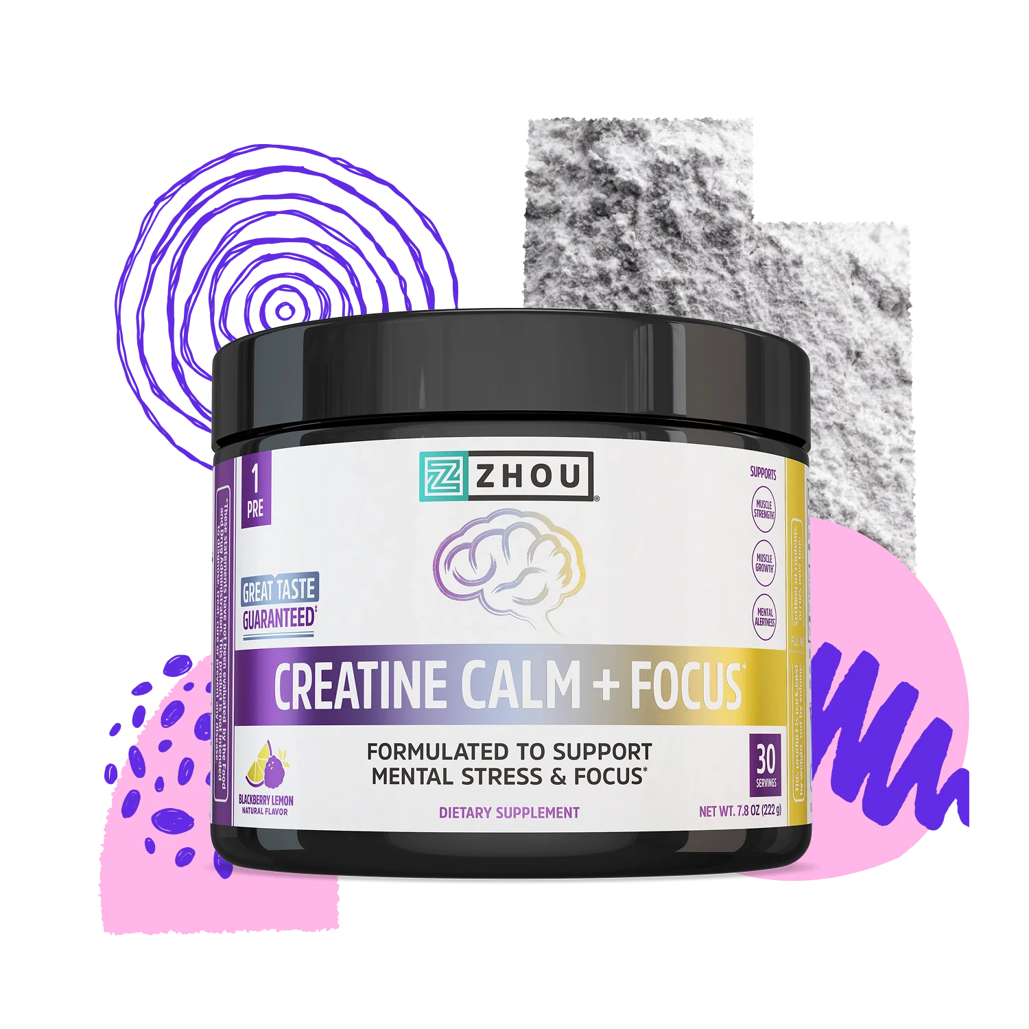 A Zhou Nutrition Creatine Calm + Focus Stick Pack + Tub Bundle with abstract shapes and mental stress support vibes.