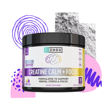 A Zhou Nutrition Creatine Calm + Focus Stick Pack + Tub Bundle with abstract shapes and mental stress support vibes.