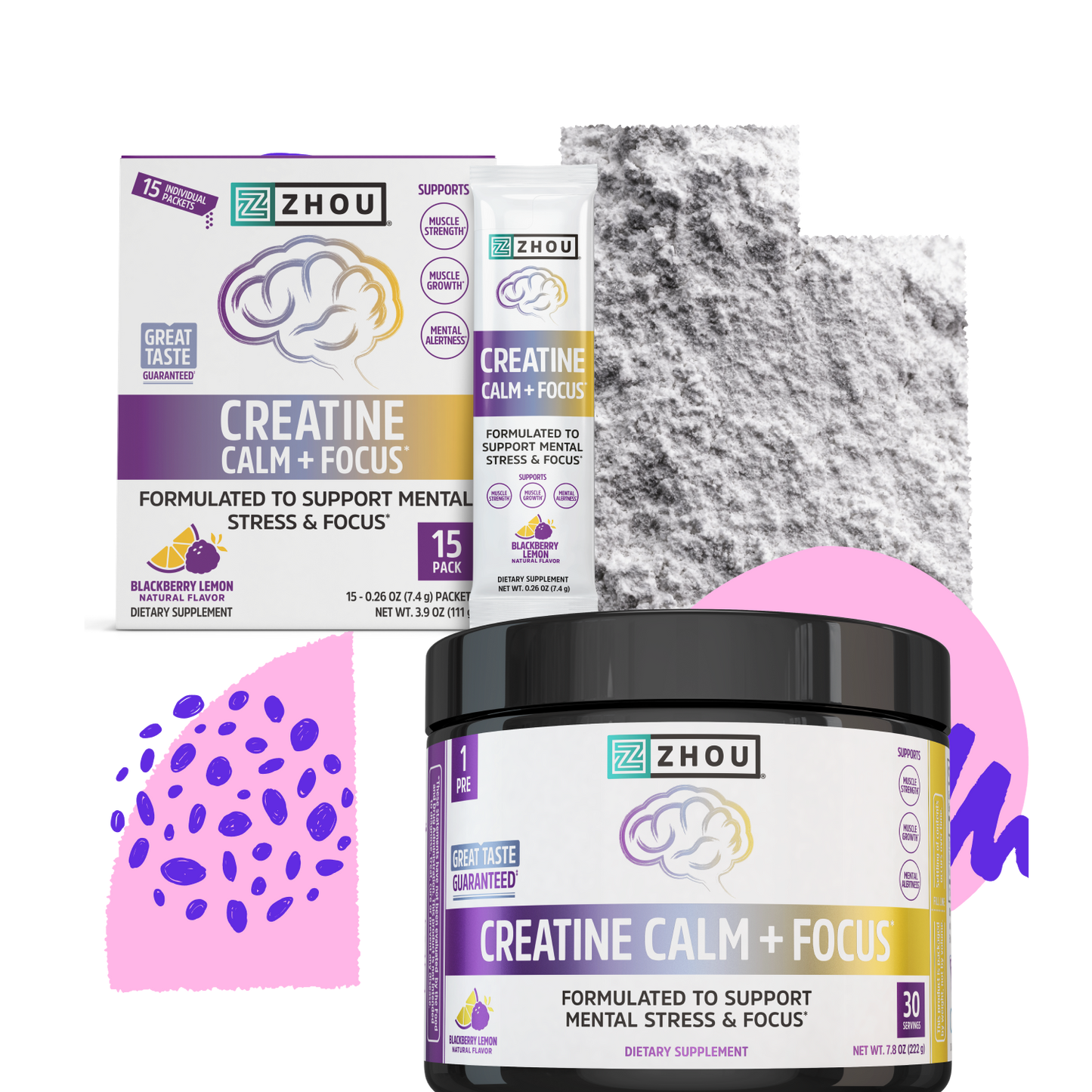 Zhou Nutrition Creatine Calm + Focus Stick Pack + Tub Bundle, with powder and purple abstract shapes in the background.