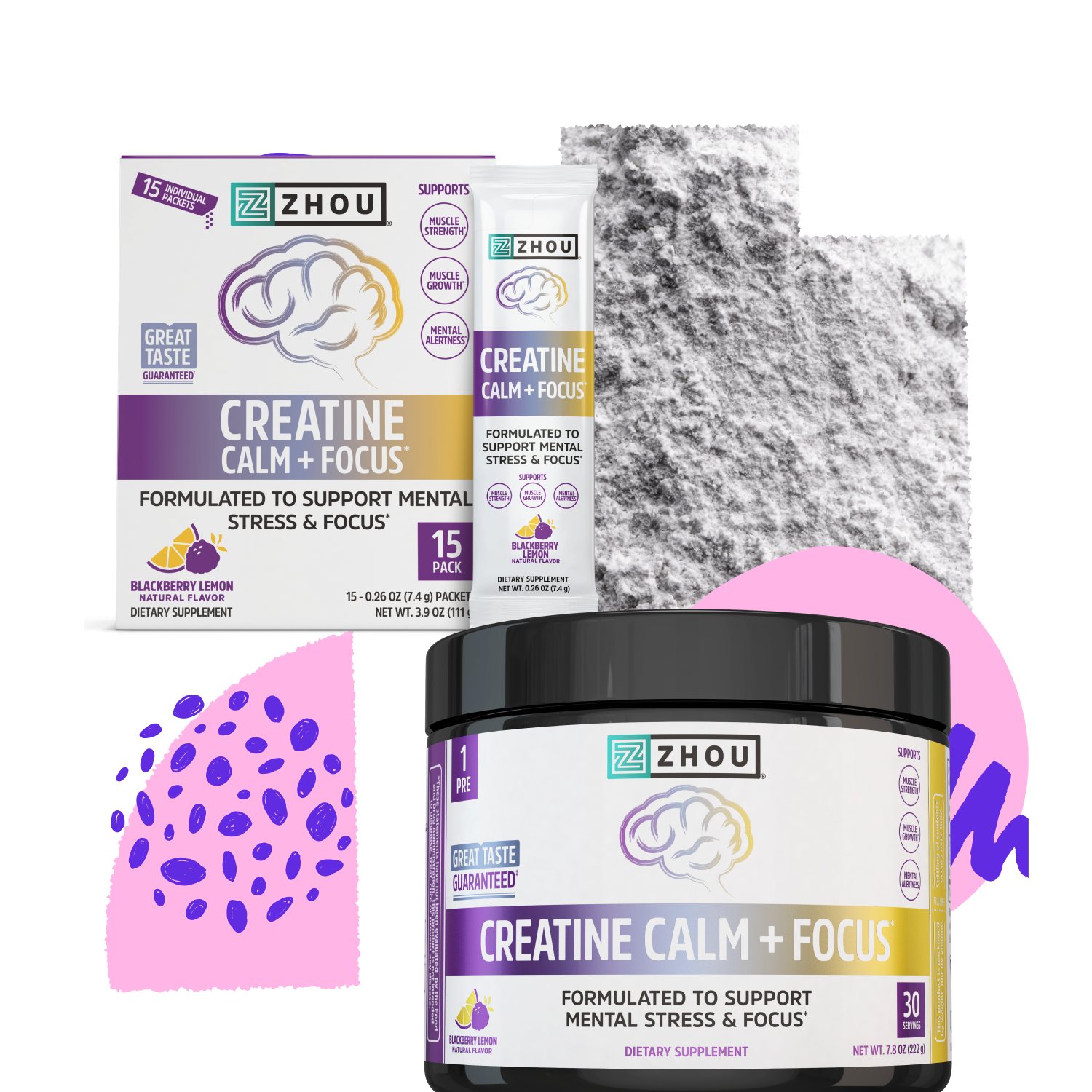 Zhou Nutrition Creatine Calm + Focus Stick Pack + Tub Bundle, with powder and purple abstract shapes in the background.