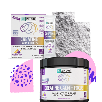 Zhou Nutrition Creatine Calm + Focus Stick Pack + Tub Bundle, with powder and purple abstract shapes in the background.