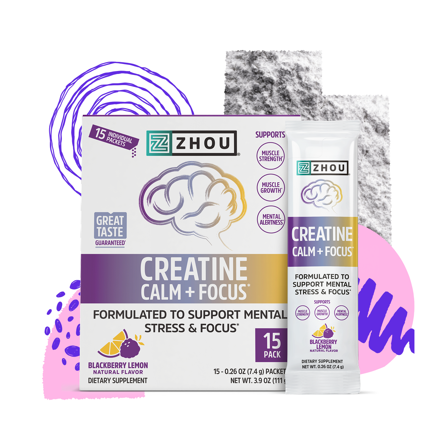 Zhou Nutrition Creatine Calm + Focus Stick Packs box with vibrant design, featuring nootropics and brain illustration.