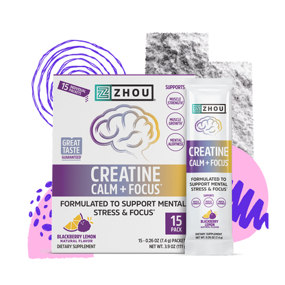 Zhou Nutrition Creatine Calm + Focus Stick Packs box with vibrant design, featuring nootropics and brain illustration.