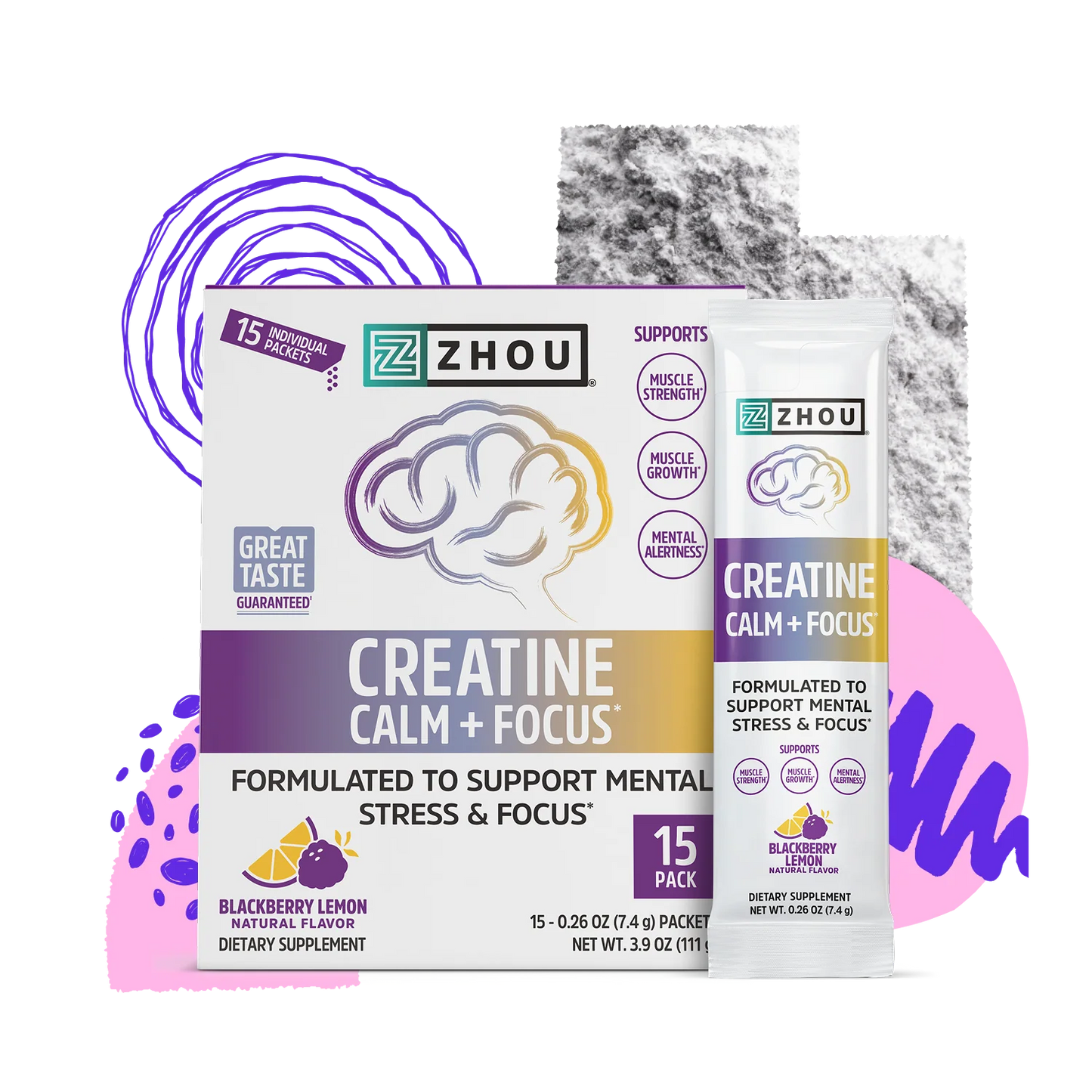Zhou Nutrition Creatine Calm + Focus Stick Pack + Tub Bundle, a blackberry lemon supplement for mental stress support.