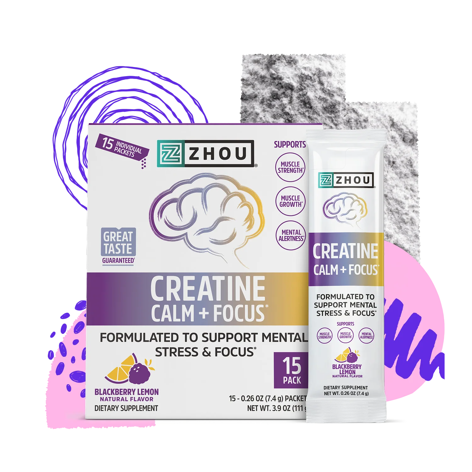 Zhou Nutrition Creatine Calm + Focus Stick Pack + Tub Bundle, a blackberry lemon supplement for mental stress support.