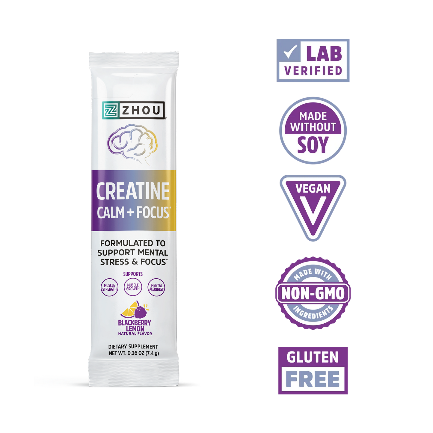 Zhou Nutrition Creatine Calm + Focus Stick Packs with creatine, adaptogens; lab verified, vegan, non-GMO, gluten-free.