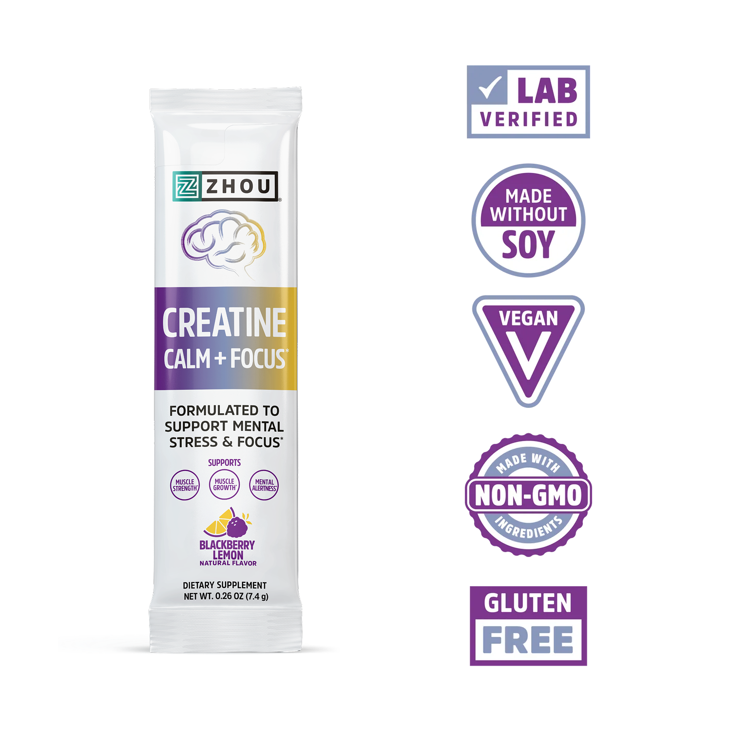 Zhou Nutrition Creatine Calm + Focus Stick Packs with creatine, adaptogens; lab verified, vegan, non-GMO, gluten-free.