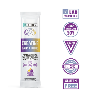 Zhou Nutrition Creatine Calm + Focus Stick Packs with creatine, adaptogens; lab verified, vegan, non-GMO, gluten-free.