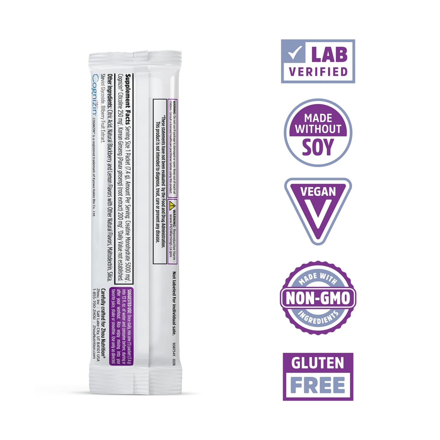 Zhou Nutrition Creatine Calm + Focus Stick Packs: Lab Verified, Vegan, Non-GMO, Gluten Free, Soy-Free, with adaptogens.