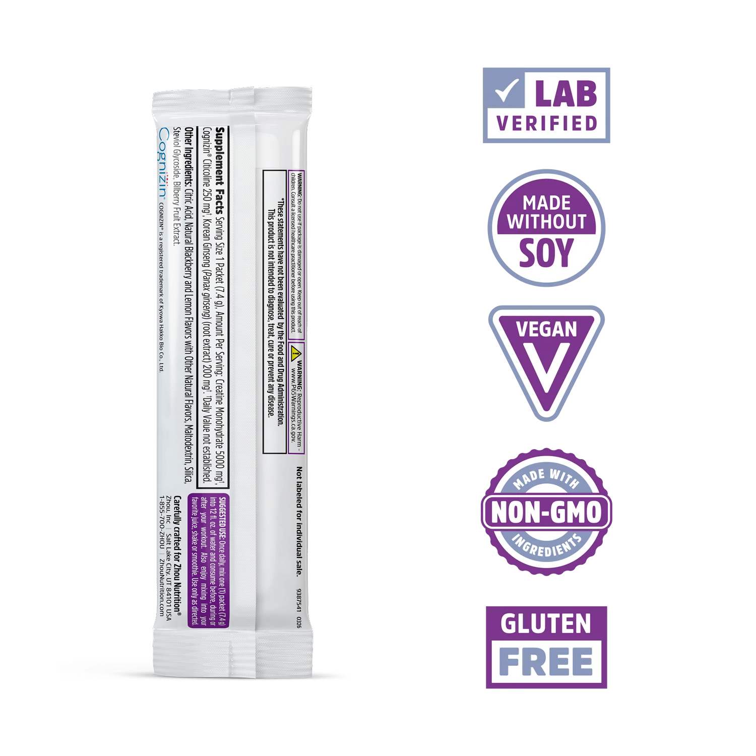 Zhou Nutrition Creatine Calm + Focus Stick Packs: Lab Verified, Vegan, Non-GMO, Gluten Free, Soy-Free, with adaptogens.
