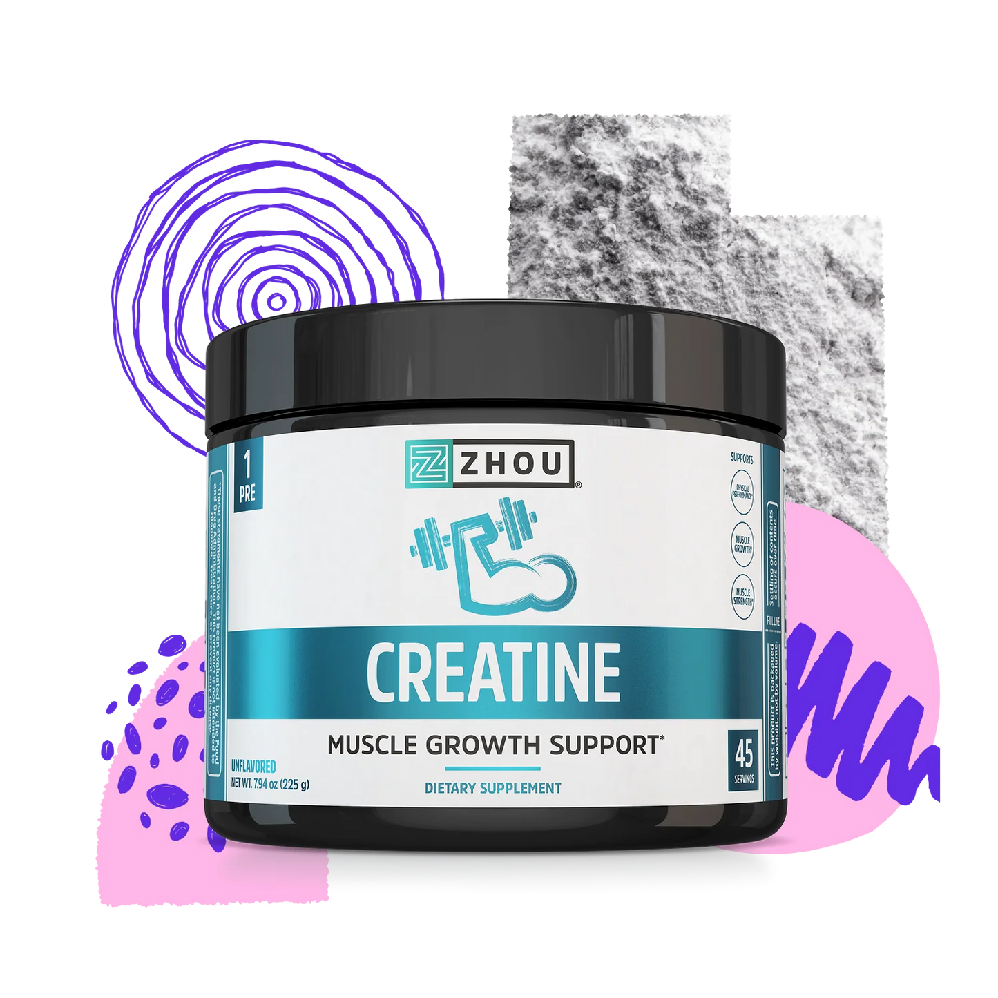 A Zhou Nutrition Creatine Stick Pack + Tub Bundle to boost muscle power, with abstract shapes in the background.