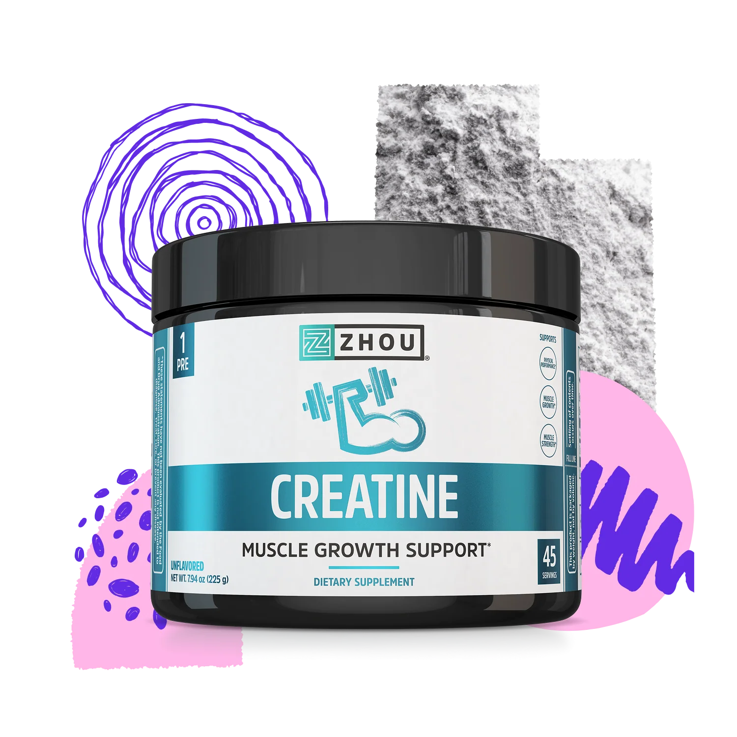 A Zhou Nutrition Creatine Stick Pack + Tub Bundle to boost muscle power, with abstract shapes in the background.