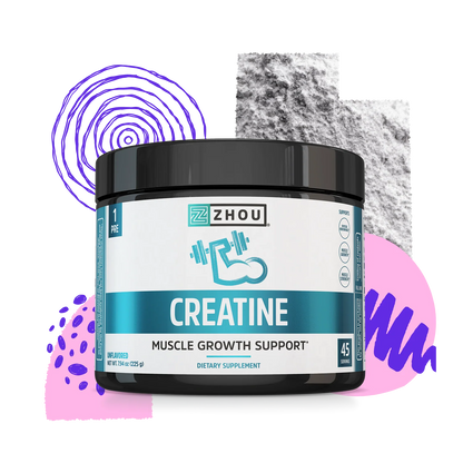 A Zhou Nutrition Creatine Stick Pack + Tub Bundle to boost muscle power, with abstract shapes in the background.