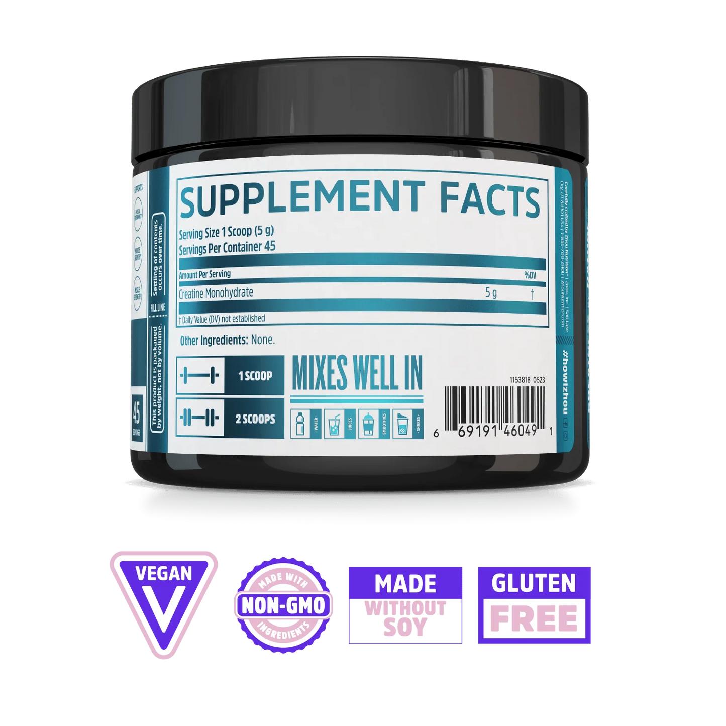 Zhou Nutrition Creatine Stick Pack + Tub Bundle, labeled Vegan, Non-GMO, Soy-Free & Gluten-Free.