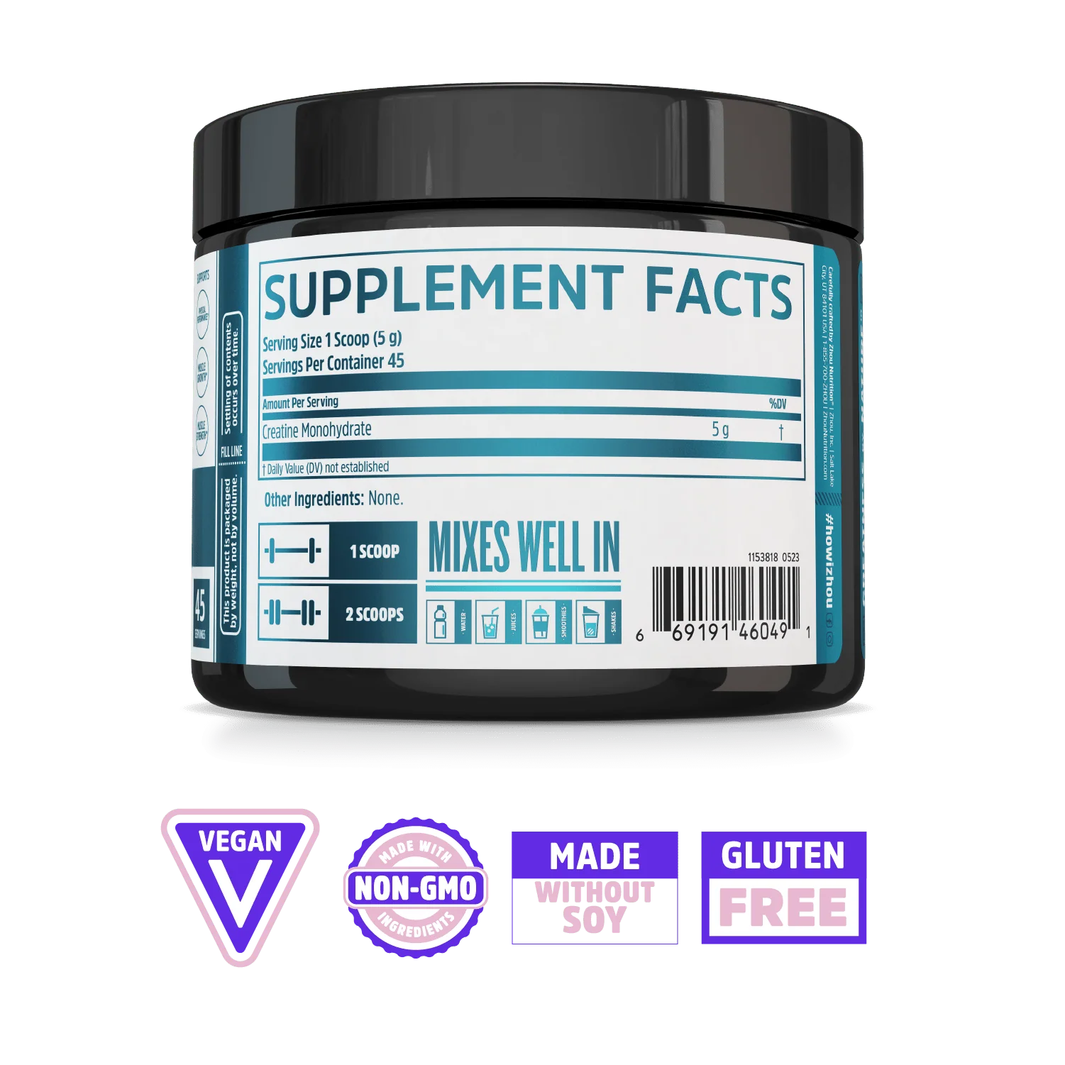 Zhou Nutrition Creatine Stick Pack + Tub Bundle, labeled Vegan, Non-GMO, Soy-Free & Gluten-Free.