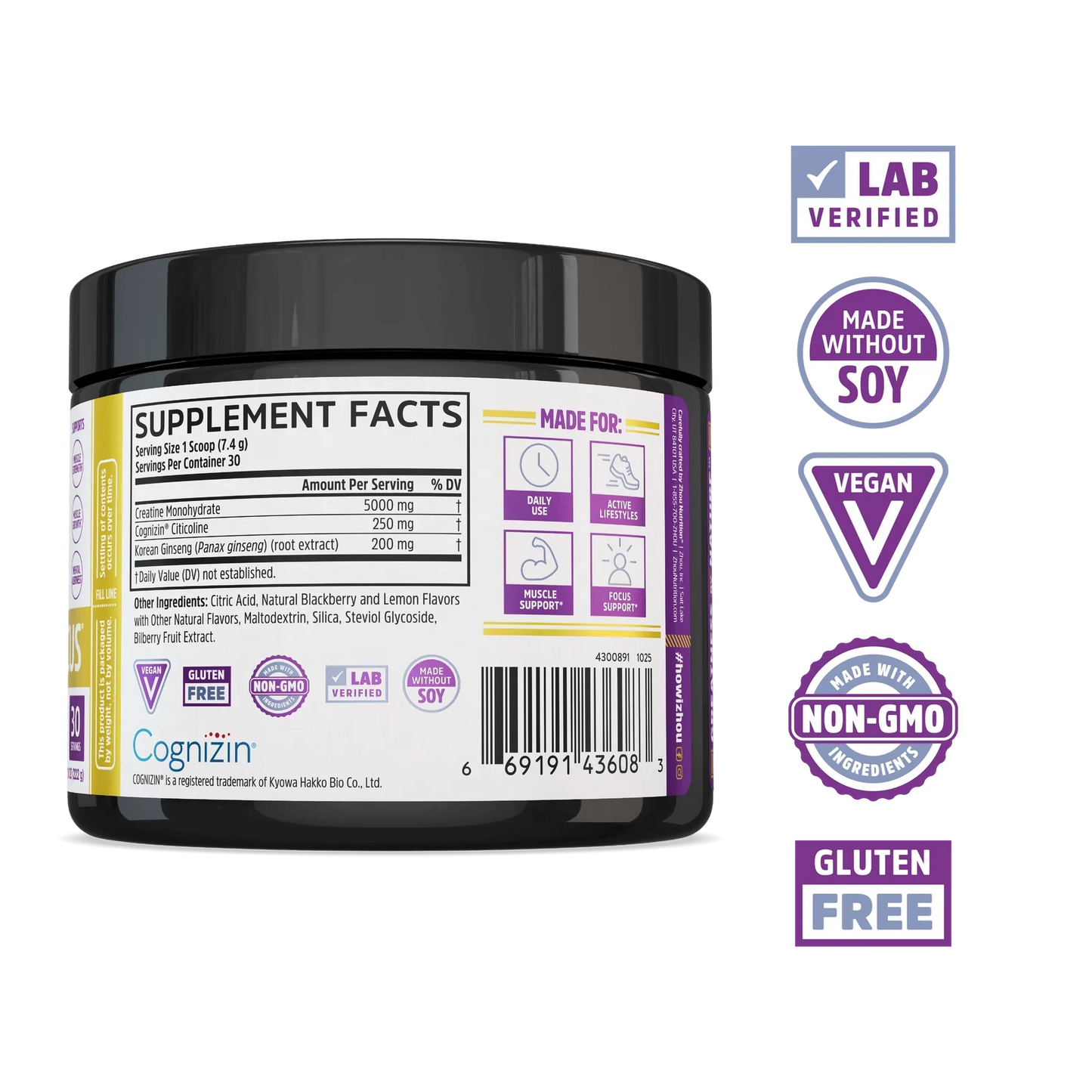 A Zhou Nutrition Creatine Calm + Focus Stick Pack + Tub Bundle with Supplement Facts label and certification badges.