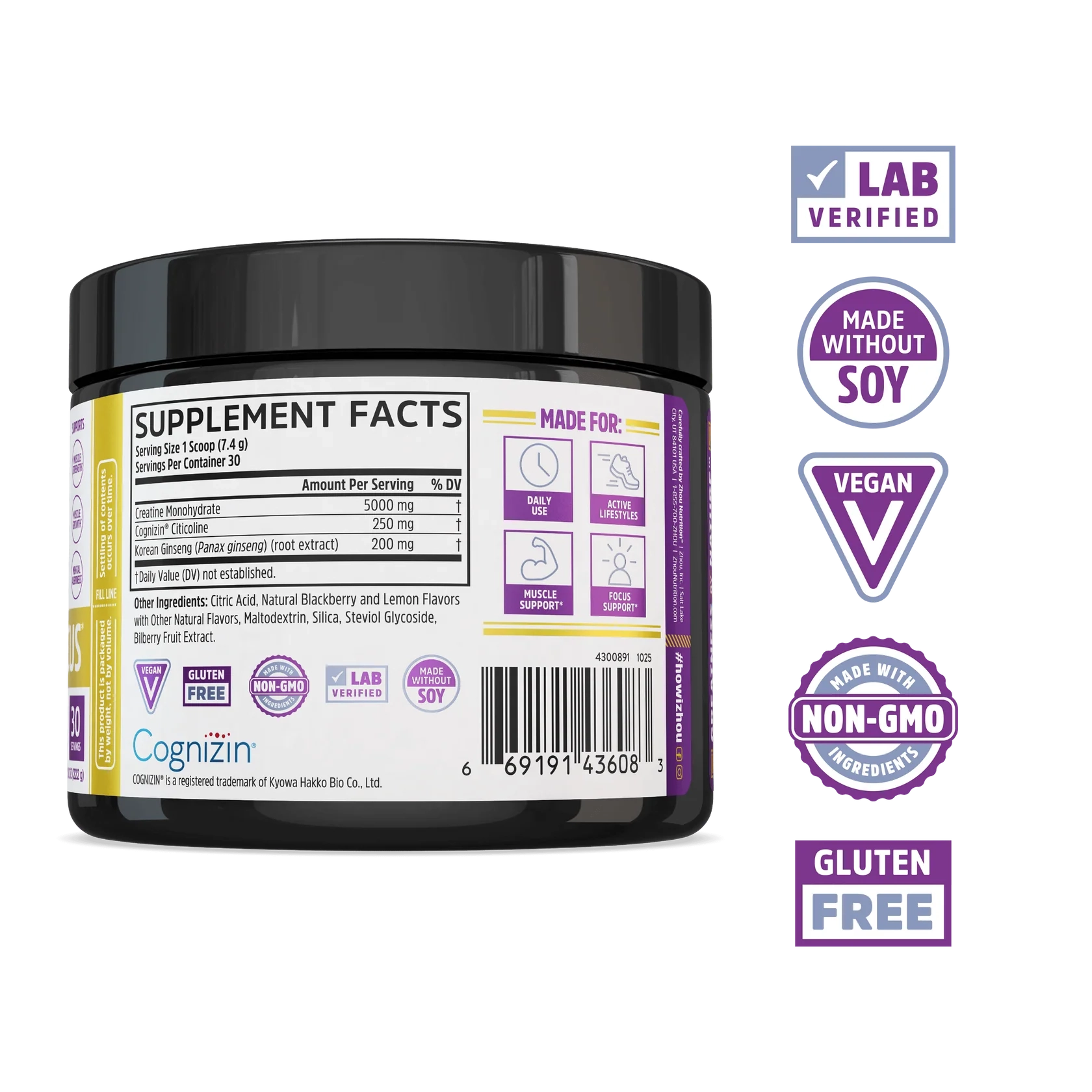 A Zhou Nutrition Creatine Calm + Focus Stick Pack + Tub Bundle with Supplement Facts label and certification badges.