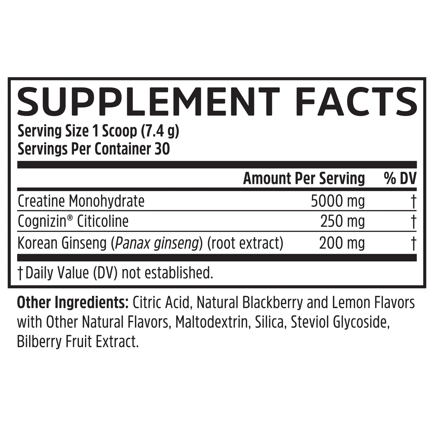 Supplement facts label for Zhou Nutrition Creatine Calm + Focus Stick Pack + Tub Bundle, for creatine and stress support.