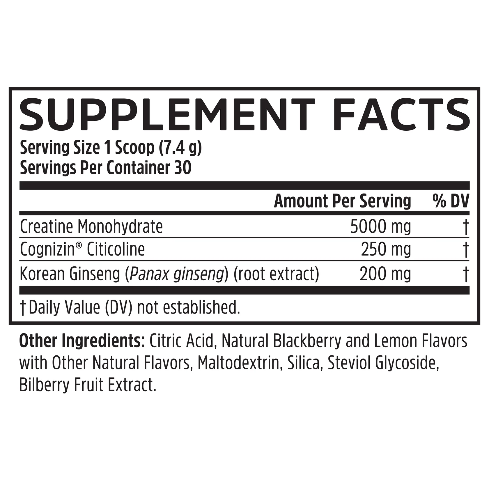 Supplement facts label for Zhou Nutrition Creatine Calm + Focus Stick Pack + Tub Bundle, for creatine and stress support.