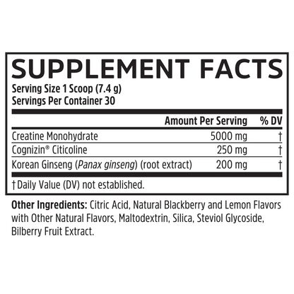 Supplement facts label for Zhou Nutrition Creatine Calm + Focus Stick Pack + Tub Bundle, for creatine and stress support.