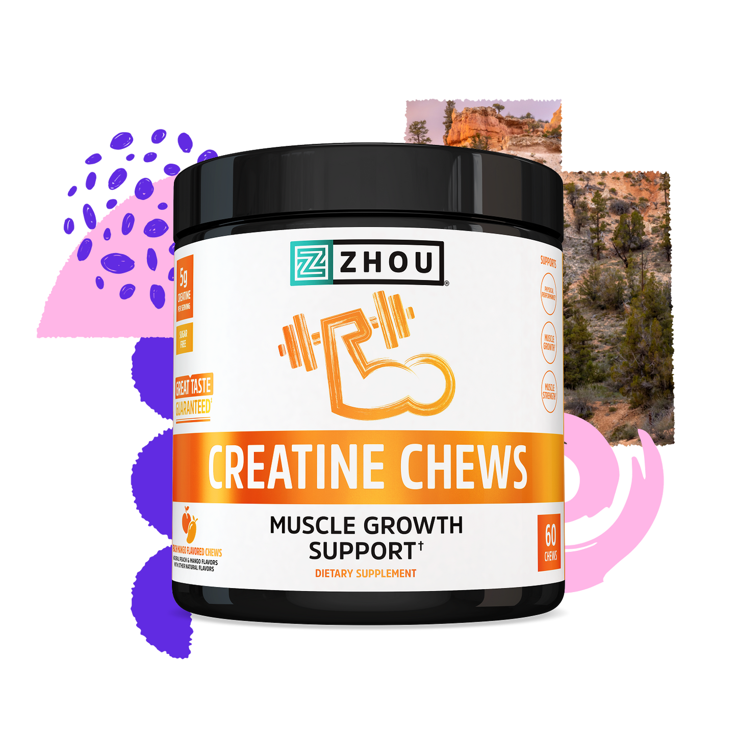 A container of Zhou Nutrition Creatine Chews for muscle growth, set against abstract nature graphics.