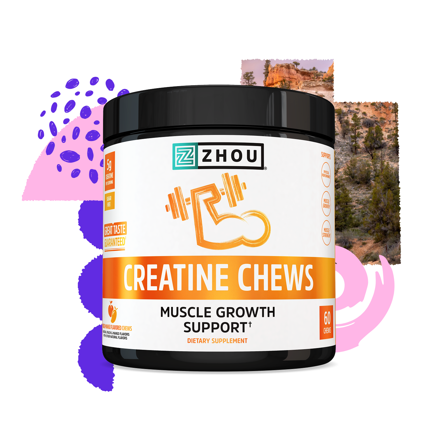 A container of Zhou Nutrition Creatine Chews for muscle growth, set against abstract nature graphics.