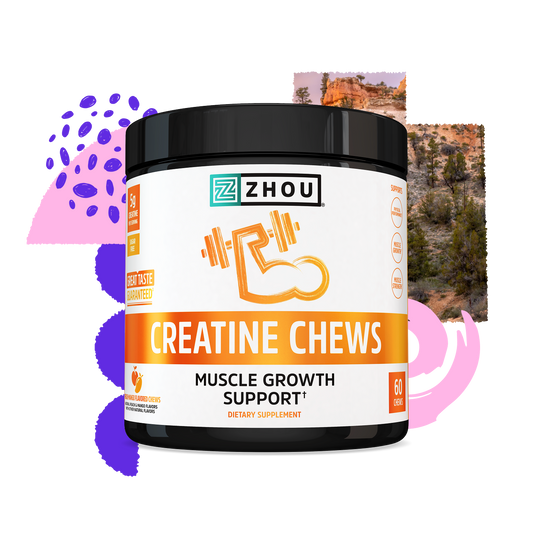 A container of Zhou Nutrition Creatine Chews for muscle growth, set against abstract nature graphics.