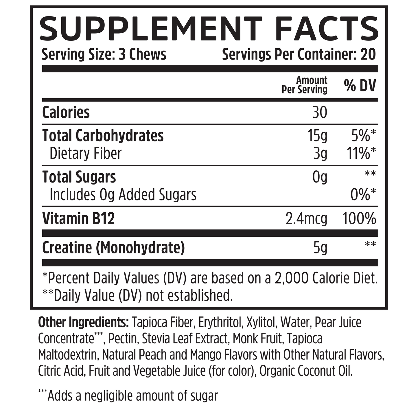 Zhou Nutrition Creatine Chews: 3 chews—30 cal, 15g carbs, 2.4mcg B12, 100mg creatine monohydrate for muscle growth.