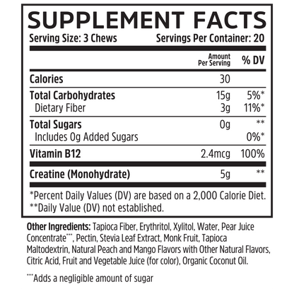 Zhou Nutrition Creatine Chews: 3 chews—30 cal, 15g carbs, 2.4mcg B12, 100mg creatine monohydrate for muscle growth.