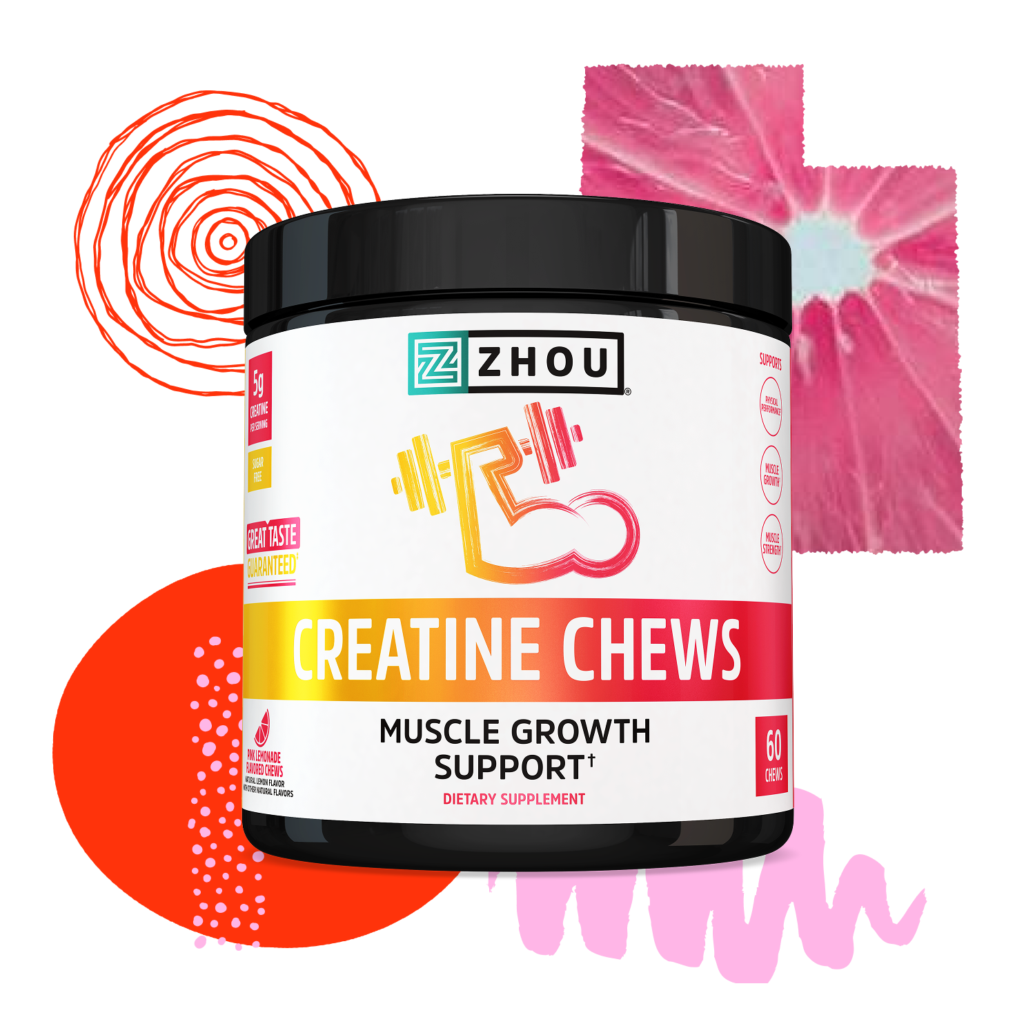A container of Zhou Nutrition Creatine Chews for muscle growth, set against colorful abstract shapes in the background.