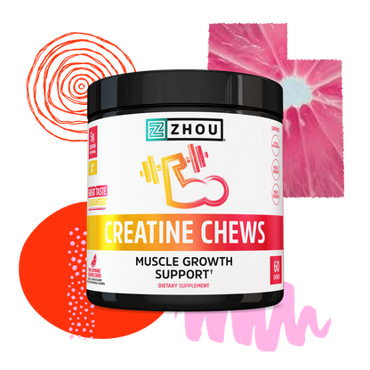 A container of Zhou Nutrition Creatine Chews for muscle growth, set against colorful abstract shapes in the background.