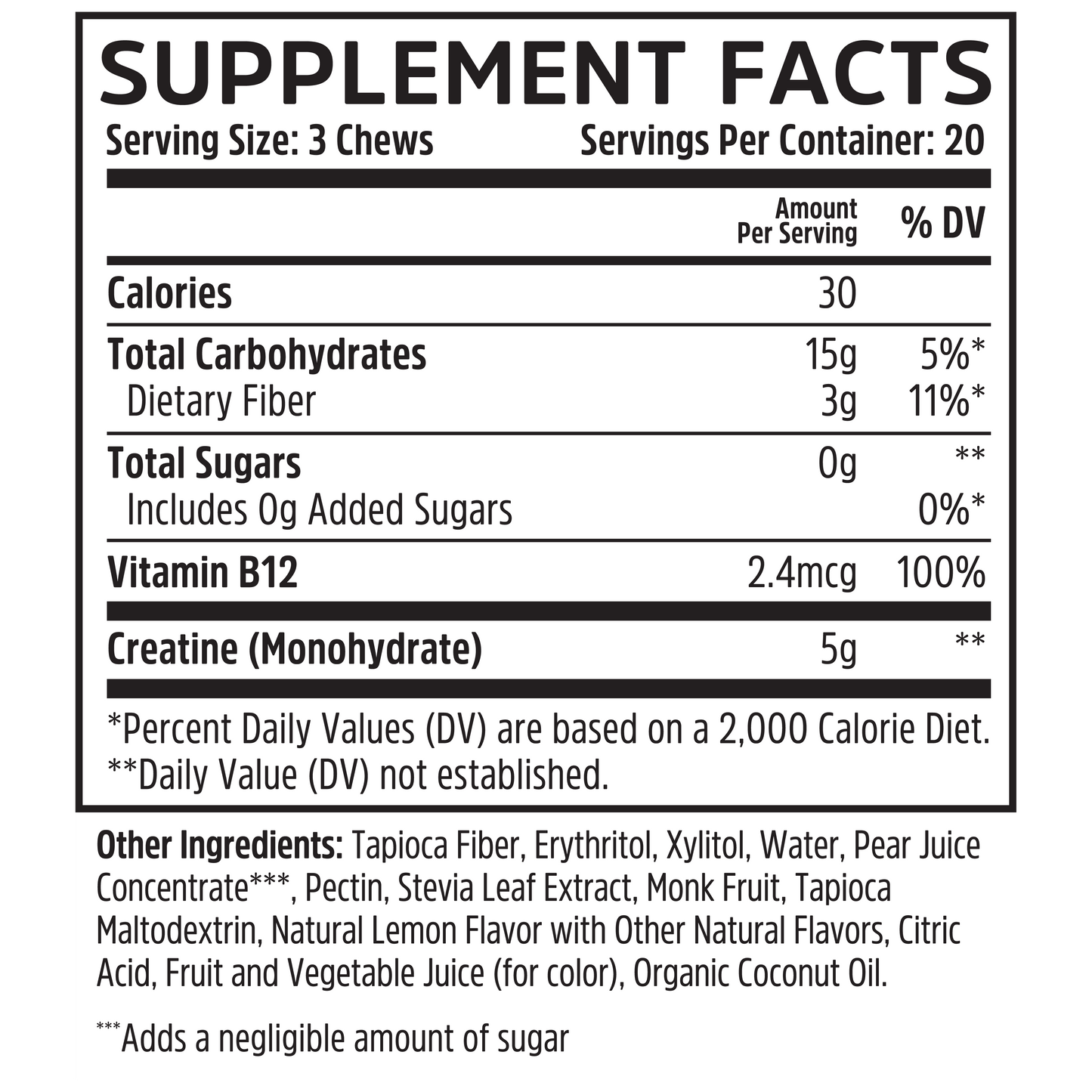 Creatine Chews by Zhou Nutrition: 3 chews provide calories, carbs, fiber, B12 & creatine monohydrate for muscle growth.