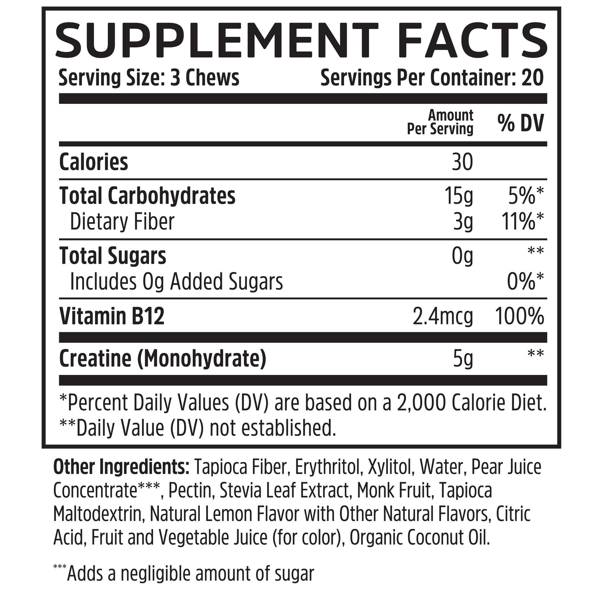 Creatine Chews by Zhou Nutrition: 3 chews provide calories, carbs, fiber, B12 & creatine monohydrate for muscle growth.
