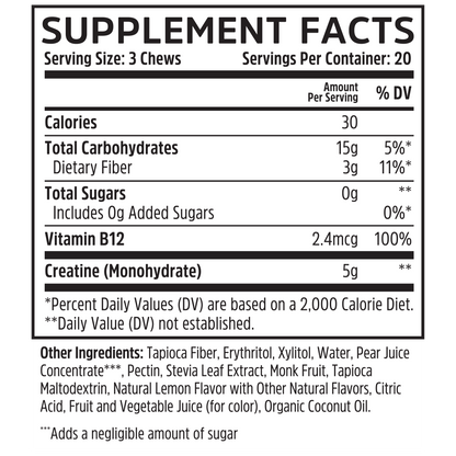Creatine Chews by Zhou Nutrition: 3 chews provide calories, carbs, fiber, B12 & creatine monohydrate for muscle growth.