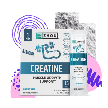 Box and packet of Zhou Nutrition Creatine Stick Packs for muscle growth, featuring abstract designs.