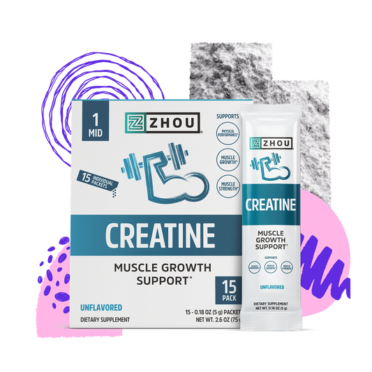 Box and packet of Zhou Nutrition Creatine Stick Packs for muscle growth, featuring abstract designs.