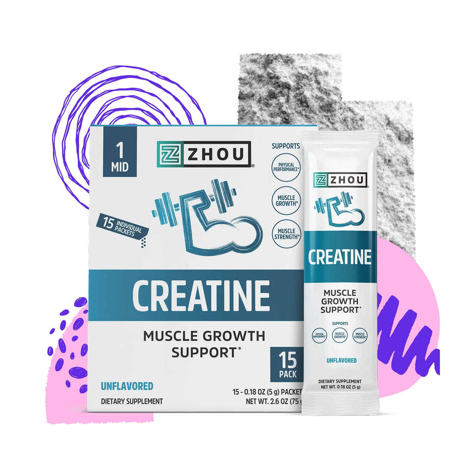Zhou Nutrition Creatine Stick Pack + Tub Bundle, unflavored, with abstract purple and gray shapes background.