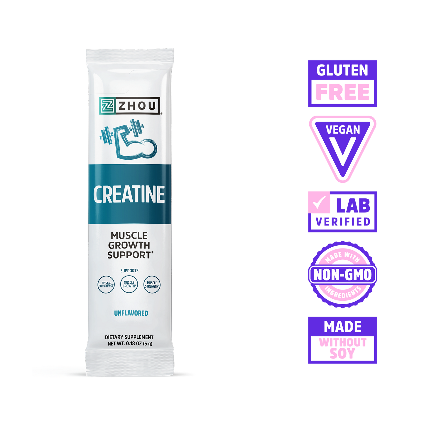 Zhou Nutrition Creatine Stick Packs boost muscle power—vegan, gluten free, lab verified, non-GMO, and soy free.