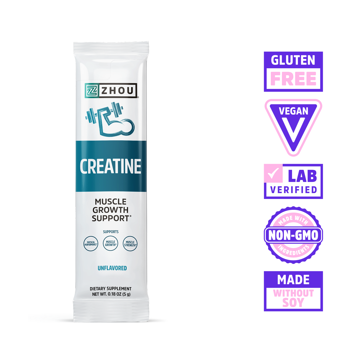Zhou Nutrition Creatine Stick Packs boost muscle power—vegan, gluten free, lab verified, non-GMO, and soy free.