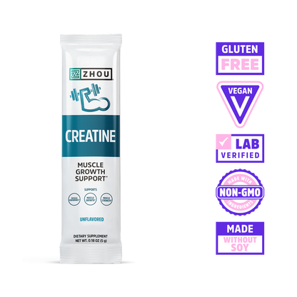 Zhou Nutrition Creatine Stick Packs boost muscle power—vegan, gluten free, lab verified, non-GMO, and soy free.