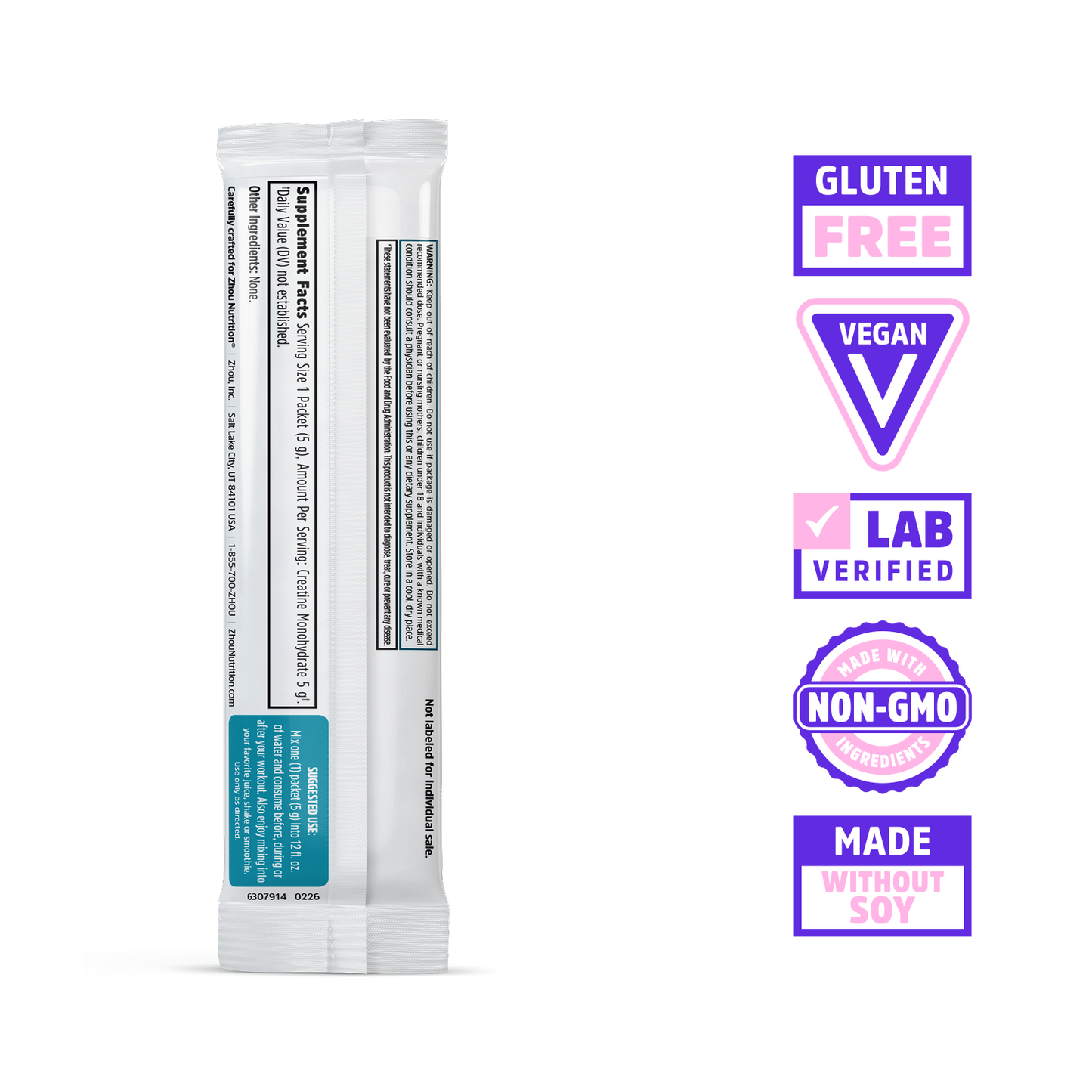 Zhou Nutrition Creatine Stick Packs shown with labels and six badges: gluten free, vegan, lab verified, non-GMO, soy-free.
