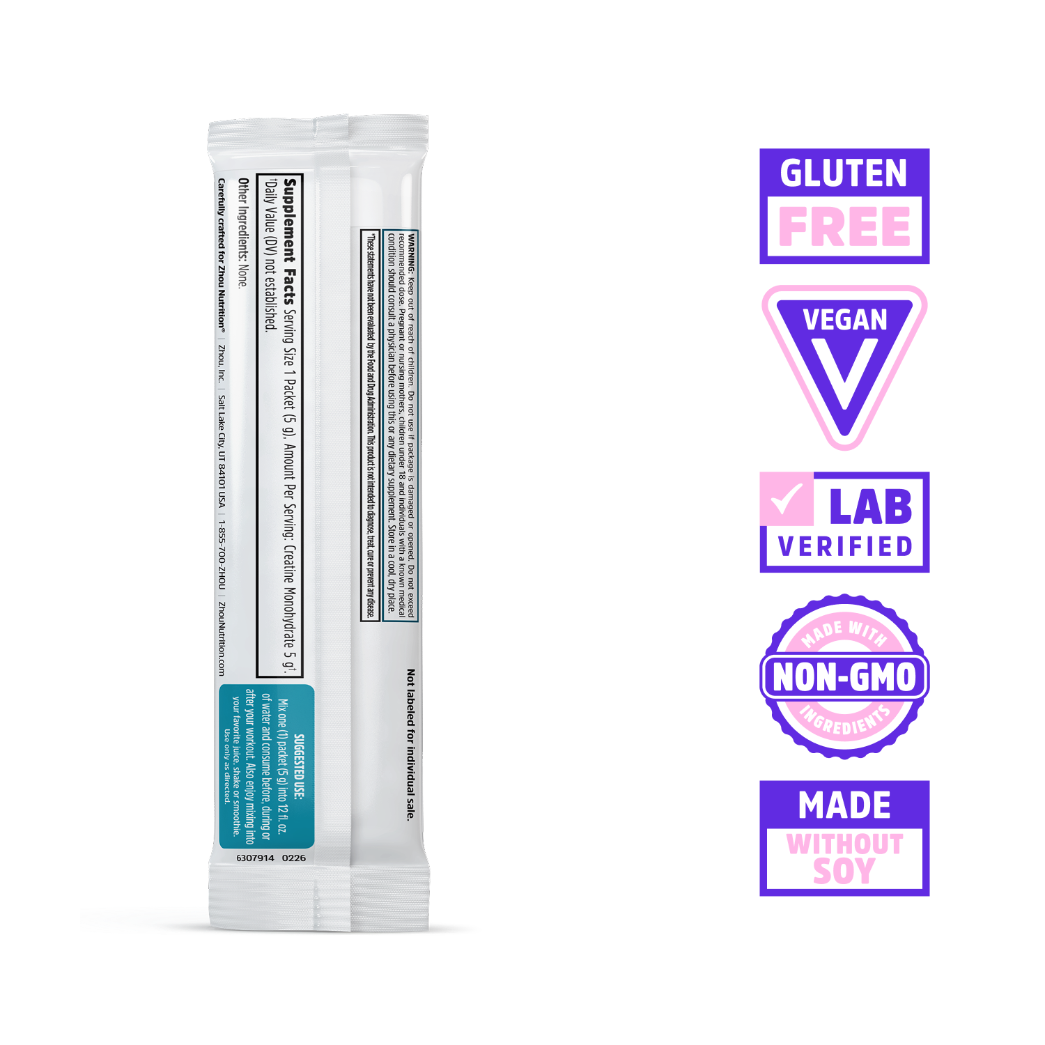 Zhou Nutrition Creatine Stick Packs shown with labels and six badges: gluten free, vegan, lab verified, non-GMO, soy-free.