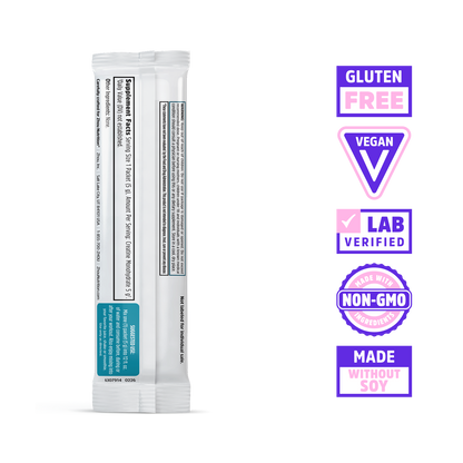 Zhou Nutrition Creatine Stick Packs shown with labels and six badges: gluten free, vegan, lab verified, non-GMO, soy-free.