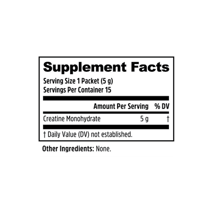 Zhou Nutrition Creatine Stick Packs: 5g per serving, 15 servings, supports exercise performance; no other ingredients.