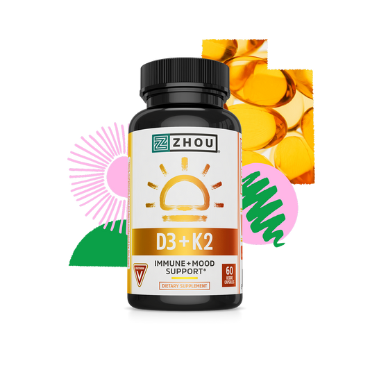 A bottle of Zhou Nutrition D3 + K2 for immune support with colorful abstract shapes in the background.