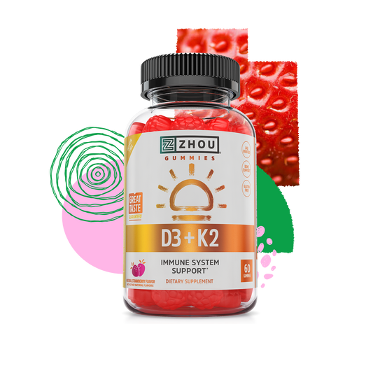 A bottle of Zhou Nutrition D3 + K2 Gummies with colorful abstract shapes and a strawberry in the background.