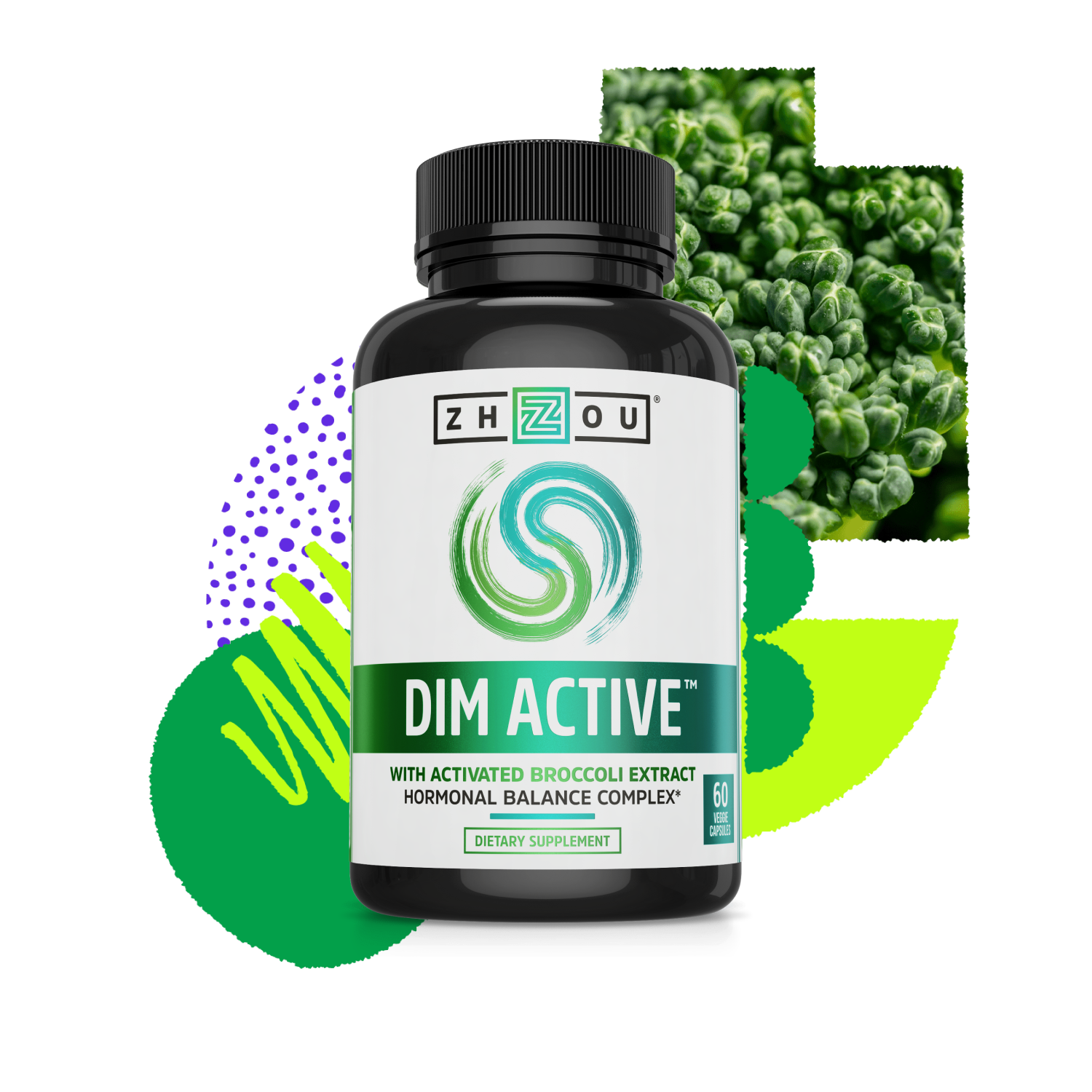 A bottle of Zhou Nutrition DIM Active with broccoli florets and green shapes in the background, promoting hormone balance.